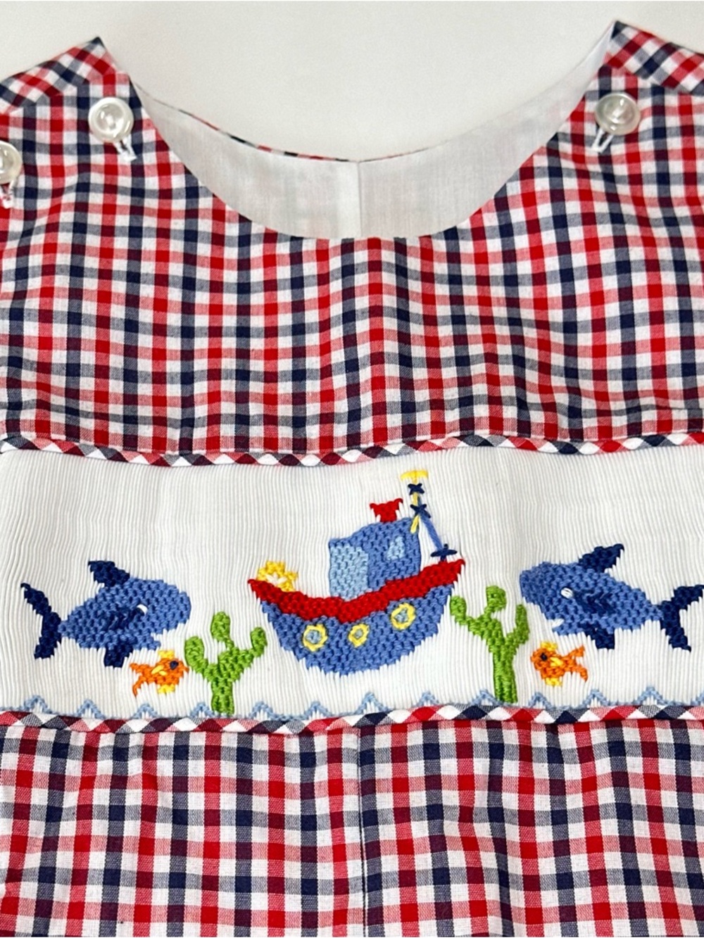 Three Sisters Boys 9M Smocked Red White & Blue Check Shortall Romper Boat Fish - Picture 3 of 11